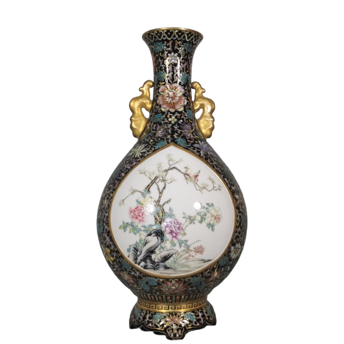 A Qianlong era enamel colored black gold glaze gilded window opening flower and bird amphora jade Hu: Qing Dynasty Qianlong year enamel black gold glaze gilded window opening flower bird amphora jade Hu spring vase SIZE: H:42.5cm Belly D:23cm (The Dimensions Of All Batches Are Manually Measured.If You