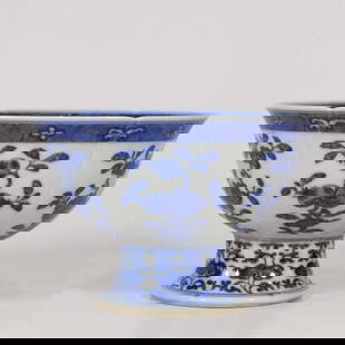 A blue and white three-patterned melon-edged high bowl made in the Qianlong period of the Qing: Qing Dynasty Qianlong year blue and white three-patterned melon ridge high bowl SIZE: D:16.5cm H:10.7cm (The Dimensions Of All Batches Are Manually Measured.If You Need More Detailed Information, Plea