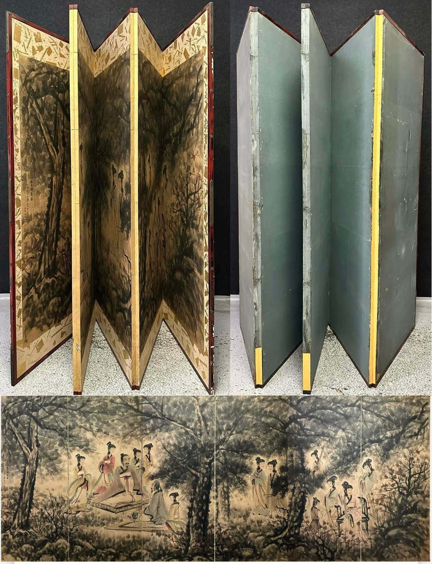 A picture of Fu Baoshi's six-panel old screen paper Lanting Yaji: Fu Baoshi's six old screens on paper Lanting Yaji Size: Painting core:W:364cm H:141.5cm Whole:W:376cm H:173cm (The Dimensions Of All Batches Are Manually Measured.If You Need More Detailed Information