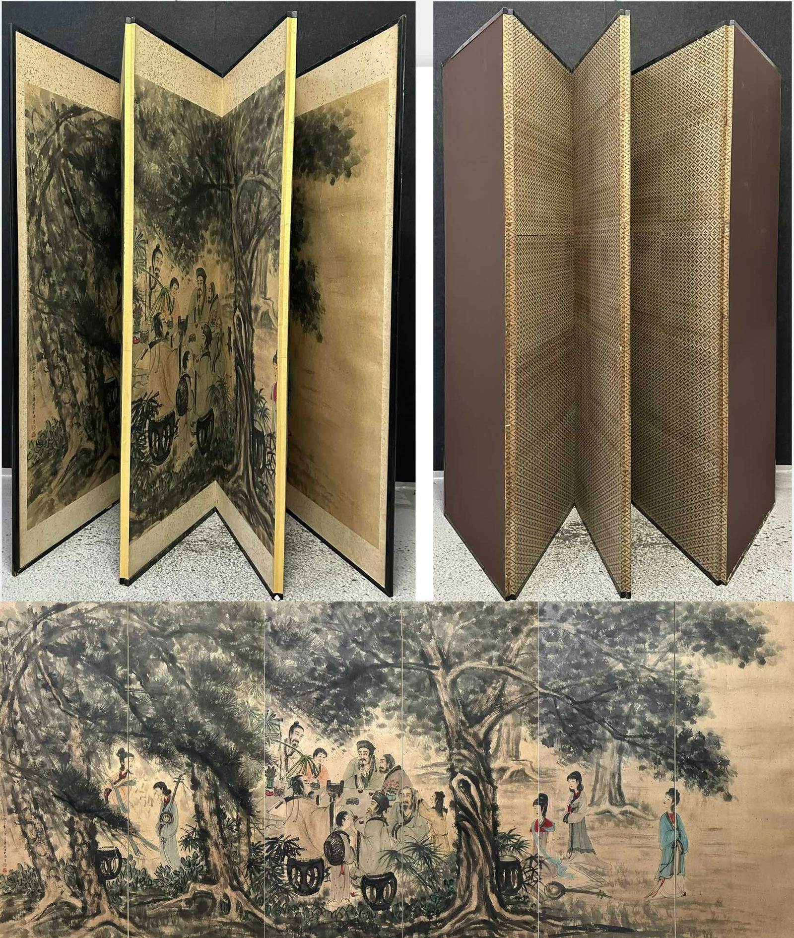 A beautiful six-panel old screen Fu Baoshi: Exquisite six old screens Fu Baoshi Size: Painting core:W:340cm H:143cm Whole:W:351cm H:172cm (The Dimensions Of All Batches Are Manually Measured.If You Need More Detailed Information, Please Contact