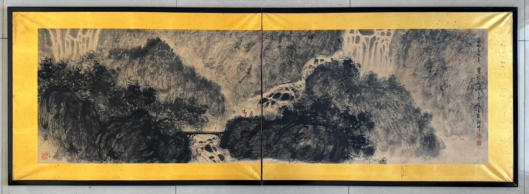 A landscape screen of Fu Baoshi: Fu Baoshi's landscape screen Size: Painting core:46x153cm 62x175cm (The Dimensions Of All Batches Are Manually Measured.If You Need More Detailed Information, Please Contact Our Customer Service Befor