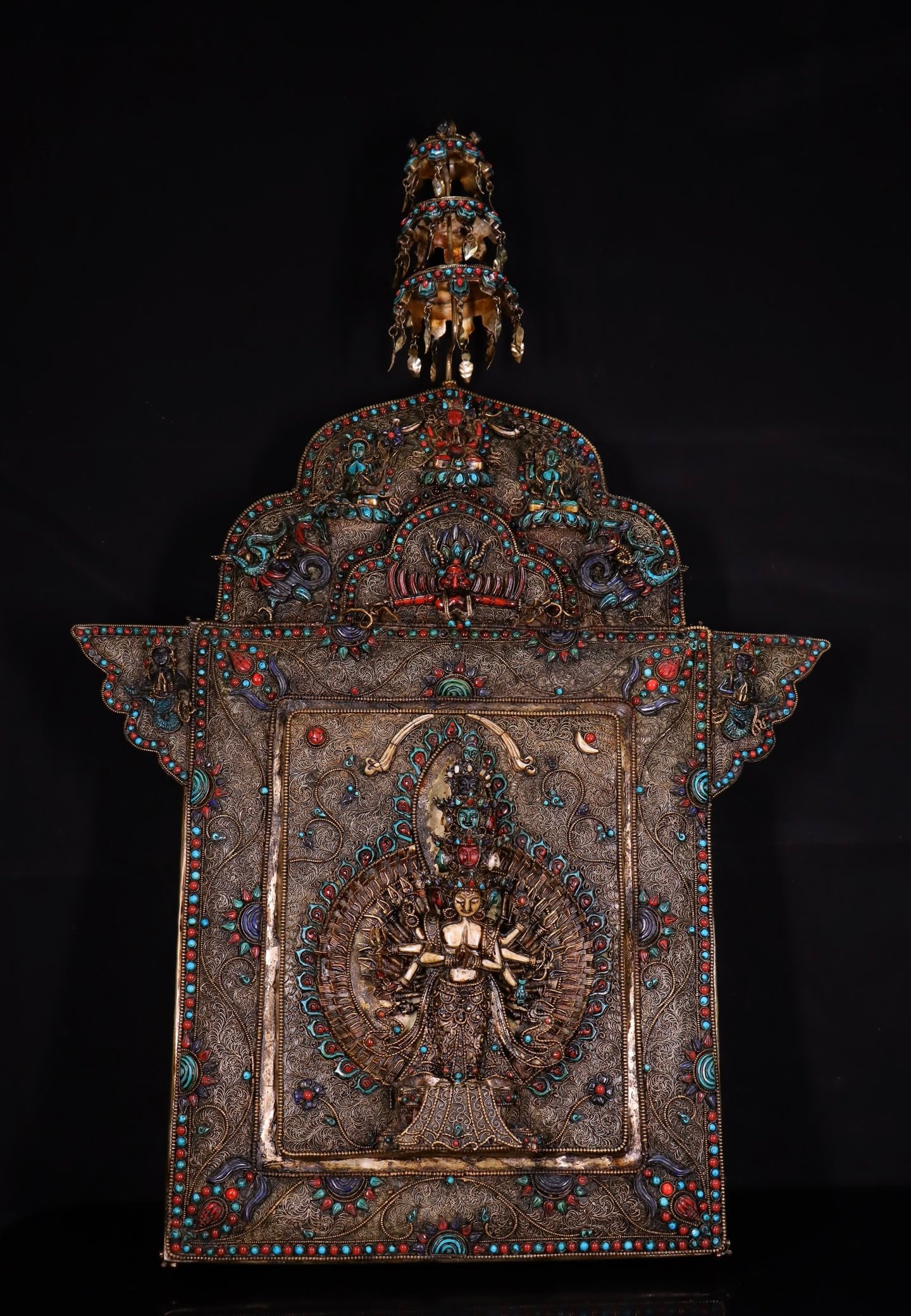 A beautiful silver cloisonné inlaid with gemstones Thousand-Handed Guanyin thangka (1 of 10)
