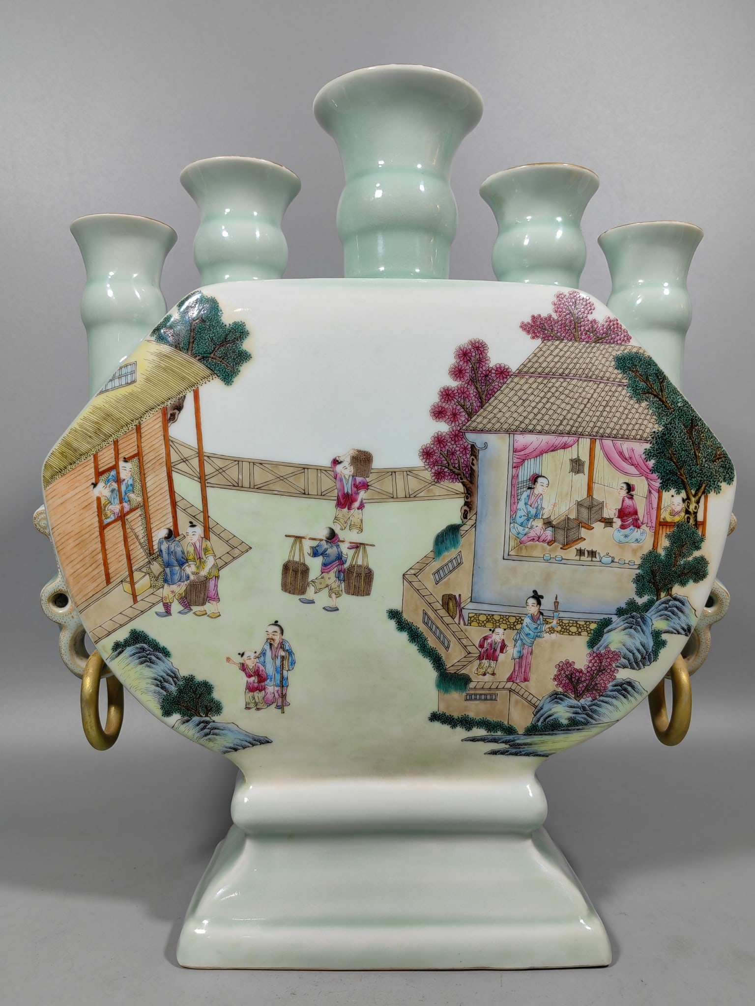 A azure glaze five-tube amphora pastel flat bottle: Azure-glazed five-tube amphora pastel flat vase SIZE: L:26.8cm W:8.6cm H:30.6cm (The Dimensions Of All Batches Are Manually Measured.If You Need More Detailed Information, Please Contact Our Customer