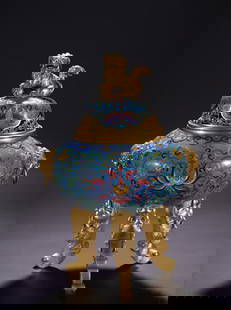 A Exquisite Cloisonne Lotus Pattern Dragon Pattern Double-Ears and Tripod Censer: A Exquisite Cloisonne Lotus Pattern Dragon Pattern Double-Ears and Tripod Censer Qing Dynasty, China Qianlong Four-character Mark Size:32cmx23cm Weight:3.3KG (The Dimensions Of All Batches Are Manuall