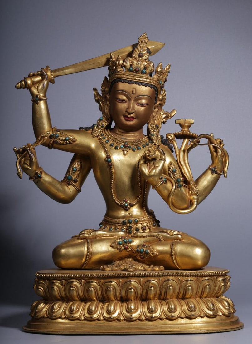 A Qing Dynasty bronze gilt inlaid treasure four-armed Manjushri Bodhisattva statue (1 of 10)
