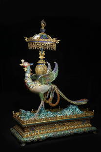 An Exquisite Cloisonne Seawater Pattern Eight Treasures Pattern Dragon Pattern Phoenix-Shaped Censer: An Exquisite Cloisonne Seawater Pattern Eight Treasures Pattern Dragon Pattern Phoenix-Shaped Censer Qing Dynasty, China Qianlong Six-character Mark Size:120cmx54cmx163cm Weight:139kg (The Dimensions