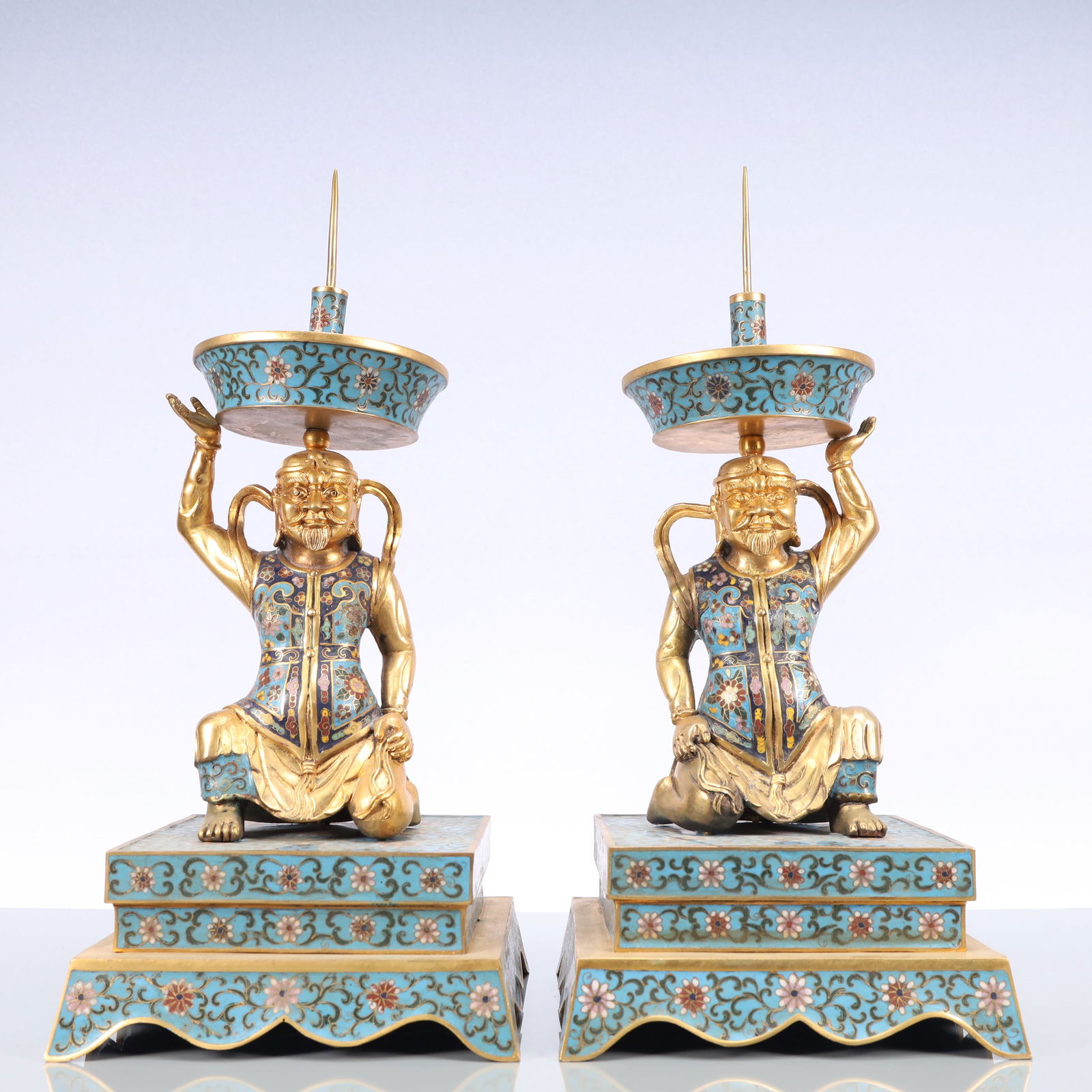A Exquisite A pair of Cloisonne Lotus Pattern Figures Candlestick: A Exquisite A pair of Cloisonne Lotus Pattern Figures Candlestick Qing Dynasty, China Size:20cmx45cm Weight:6600g (The Dimensions Of All Batches Are Manually Measured.If You Need More Detailed Informa
