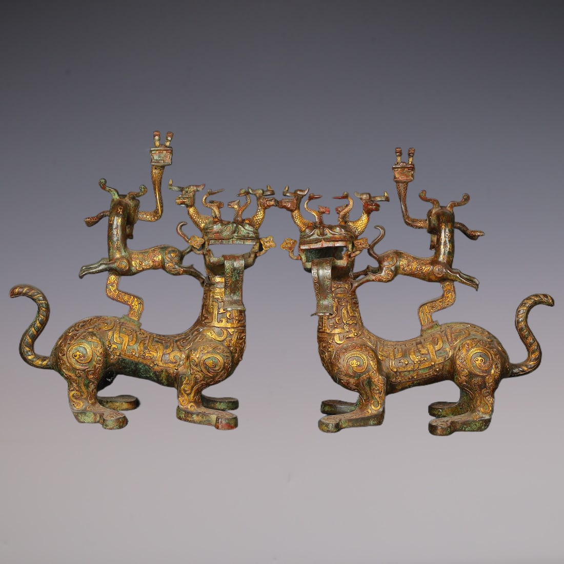 A Pair of Exquisite Bronze Inlaid Gold With Inscription Auspicious Beast Ornament (1 of 12)