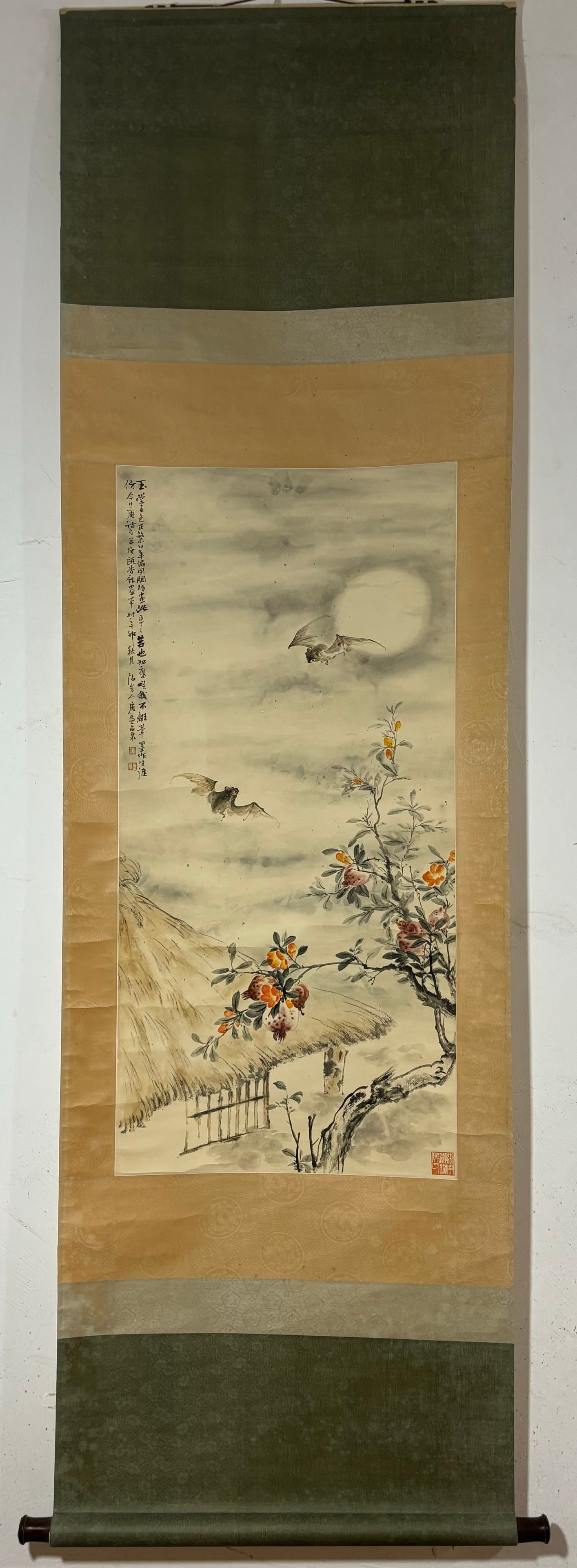 A Chinese Vertical Scroll Ink Painting of Bats and Peach on Paper (1 of 9)
