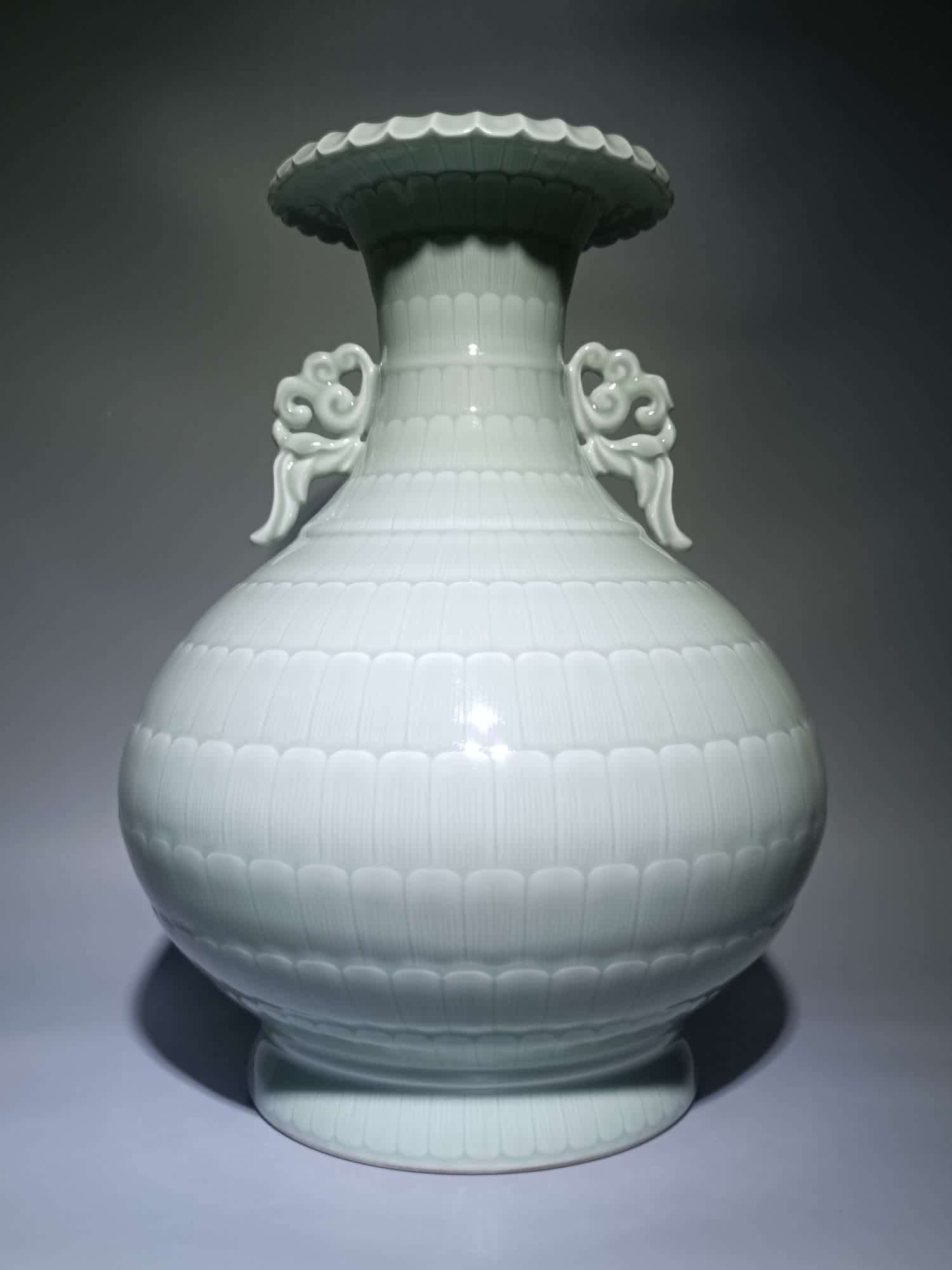A bean celadon carved lotus petal pattern amphora vase: Bean blue glaze carved lotus petal pattern amphora appreciation bottle SIZE: H:43.8cm W:35cm (The Dimensions Of All Batches Are Manually Measured.If You Need More Detailed Information, Please Contact
