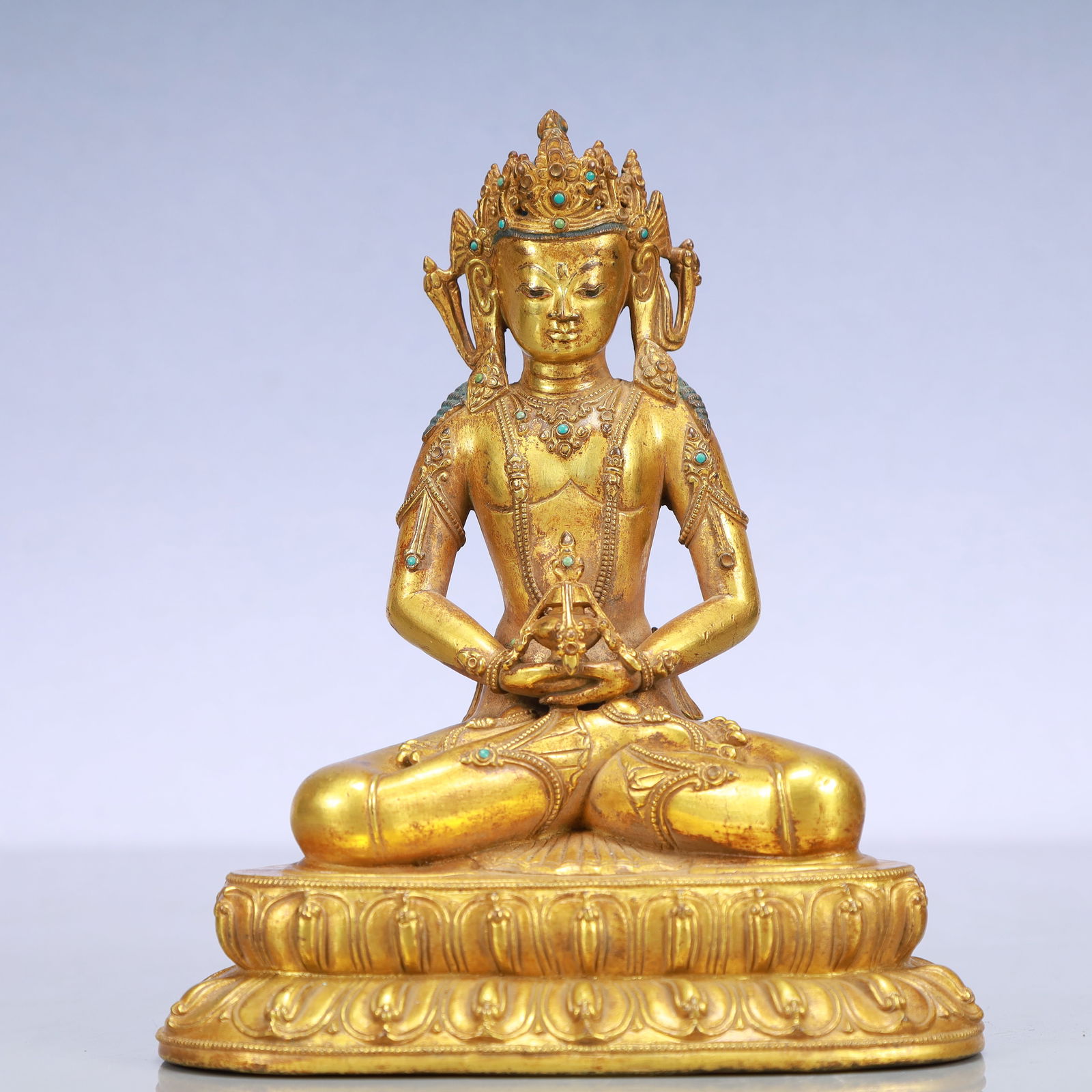An Exquisite Gilt Bronze Inlaid Gems Statue of Amitayus (1 of 3)