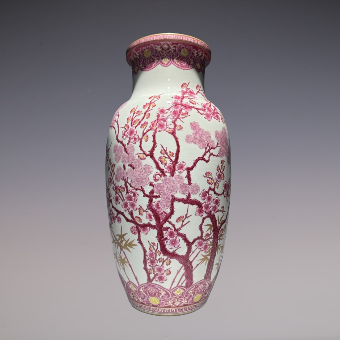 An Exquisite Enamel Ruby red-Glazed Painted Gold Pine, Bamboo and Plum Blossom Pattern Vase (1 of 8)