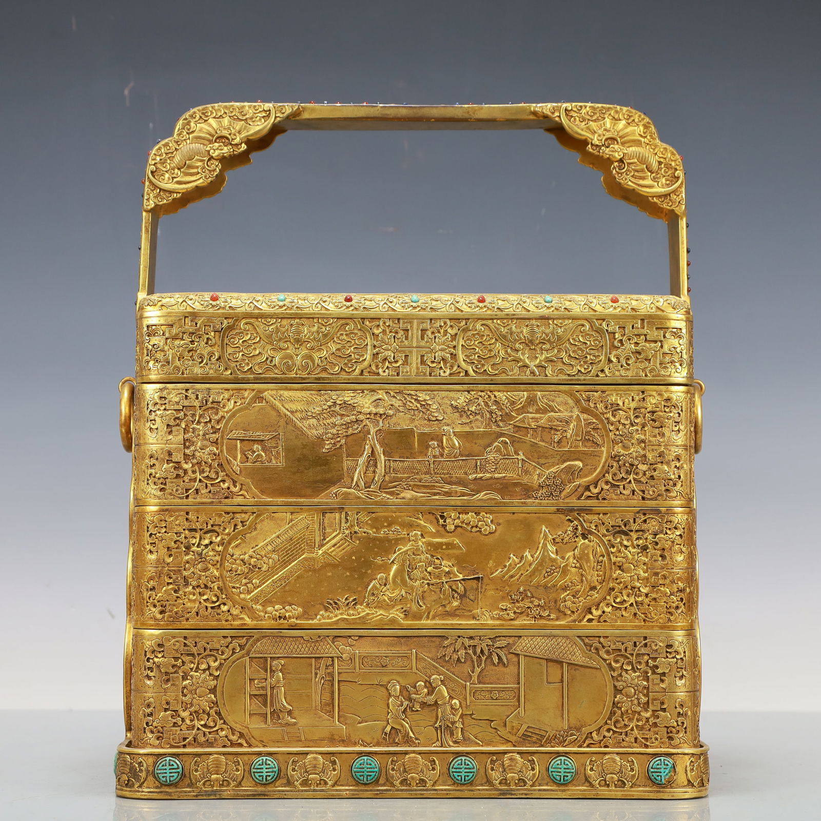 A Exquisite Gilt Bronze Inlaid Gems Bats and Peach Pattern Lotus Pattern Character and Story Pattern (1 of 11)