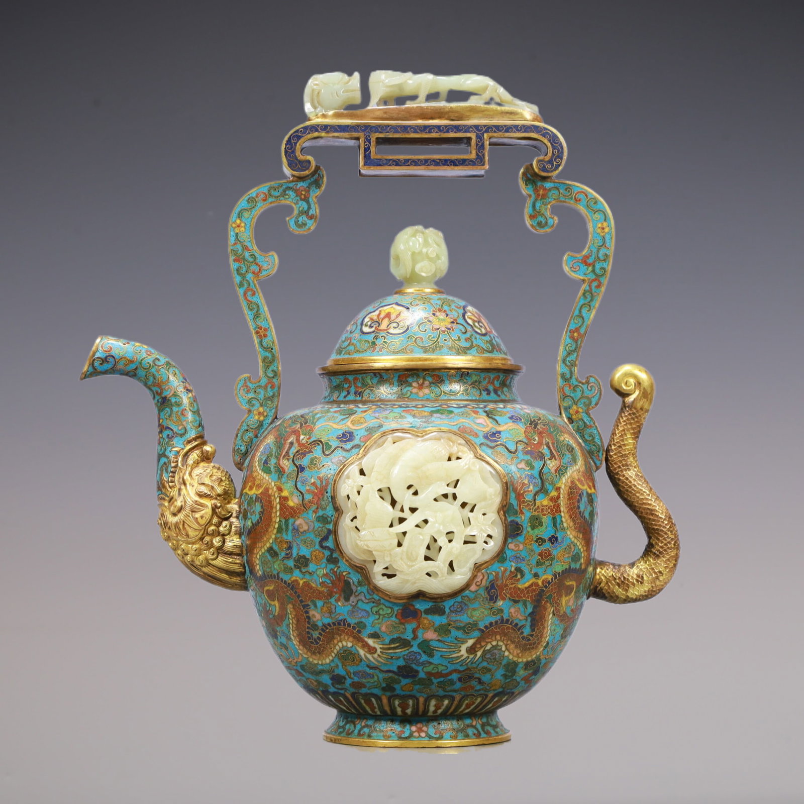 A Exquisite Cloisonne Inlaid White Jade Lotus Pattern Dragon Pattern Ewer (1 of 13)