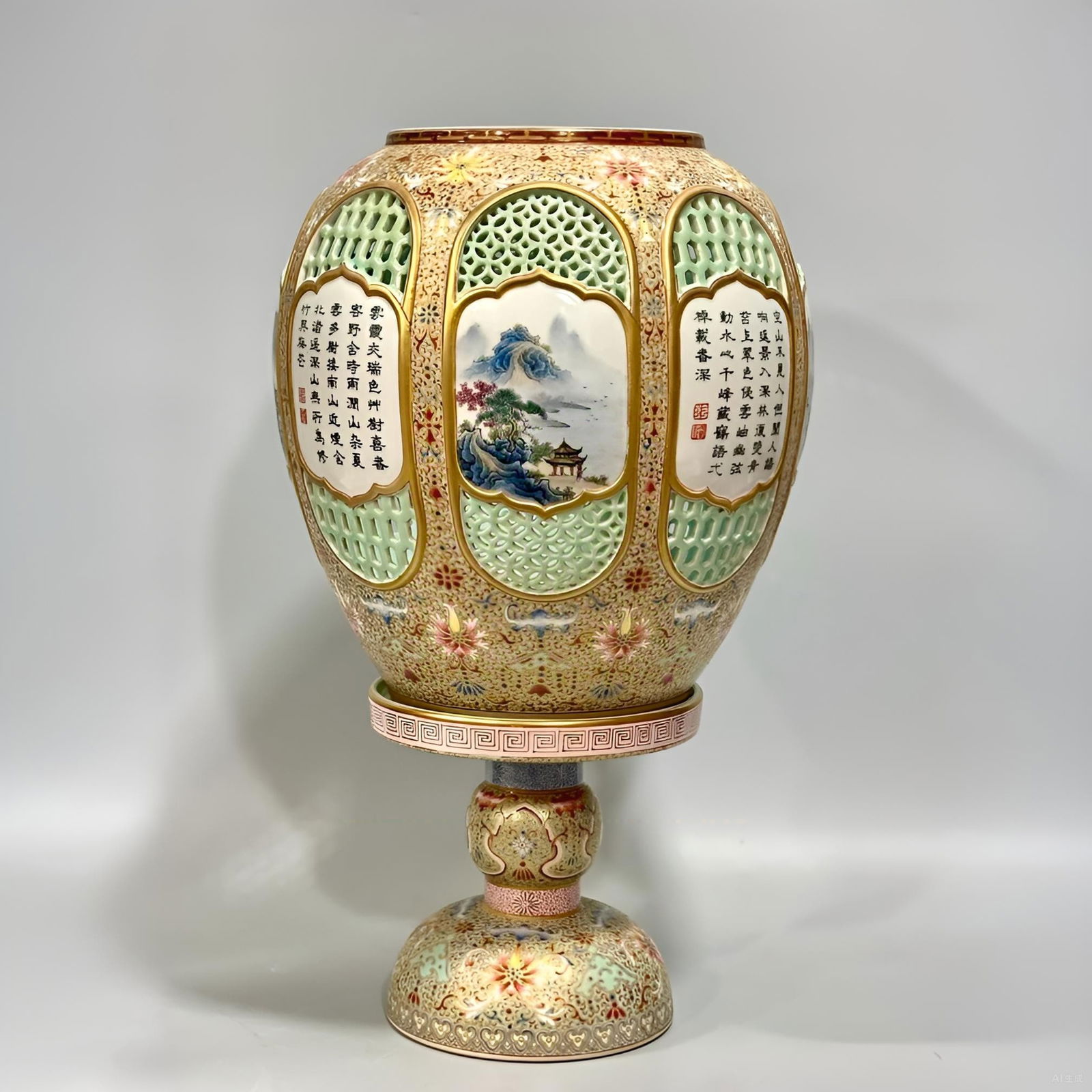 A piece of Qing Long enamel color, ancient moon pavilion painted with gold, open windows, carved: Qing Long enamel color, ancient moon pavilion painted with gold and windows, carved wisps of empty landscapes and pavilions, characters, poetry and palace lamps SIZE: H: 40.5cm Belly diameter 23.5cm