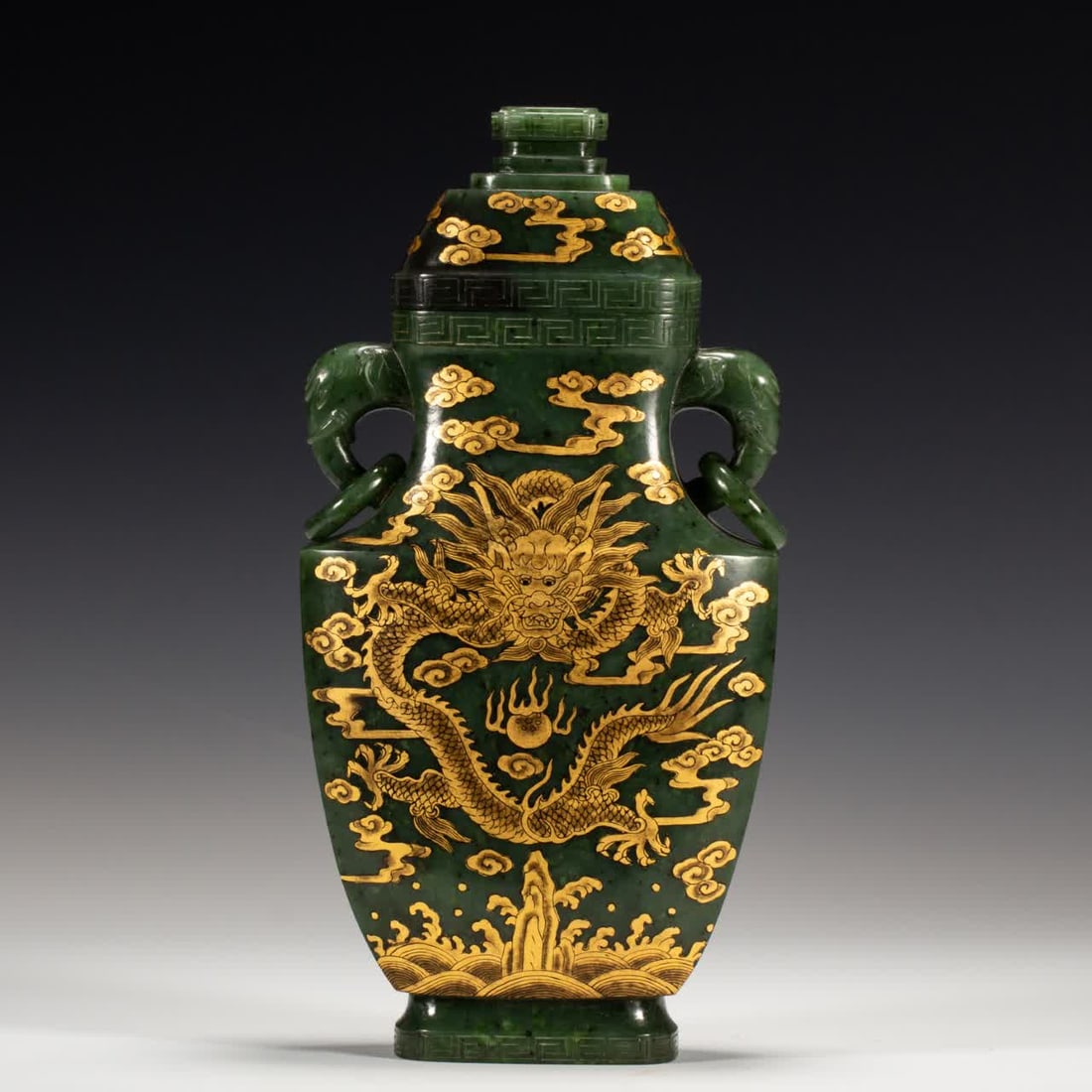 A Qing Dynasty Hetian jasper gold-painted dragon pattern vase: Qing Dynasty Hetian jasper gold-painted dragon pattern vase SIZE: L:12cm W:5cm H:24.5cm (The Dimensions Of All Batches Are Manually Measured.If You Need More Detailed Information, Please Contact Our C
