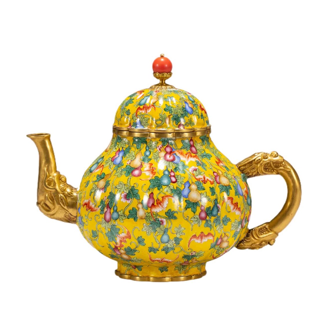 A Qing Dynasty copper-gilt painting enamel pot: Qing Dynasty copper gilt painting enamel pot SIZE: L:16cm W:11cm H:13.5cm W:450g (The Dimensions Of All Batches Are Manually Measured.If You Need More Detailed Information, Please Contact Our Customer