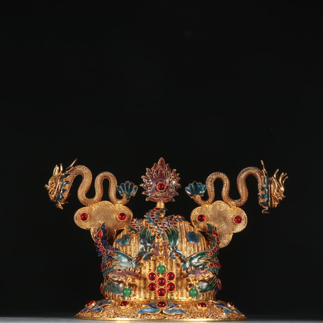 A Qing Dynasty copper gilt cloisonné inlaid treasure dragon and phoenix crown: Qing Dynasty Copper gilt cloisonné inlaid with treasure dragon and phoenix hair crown SIZE: H:13cm W:19.3cm W:400g (The Dimensions Of All Batches Are Manually Measured.If You Need More Detailed Infor