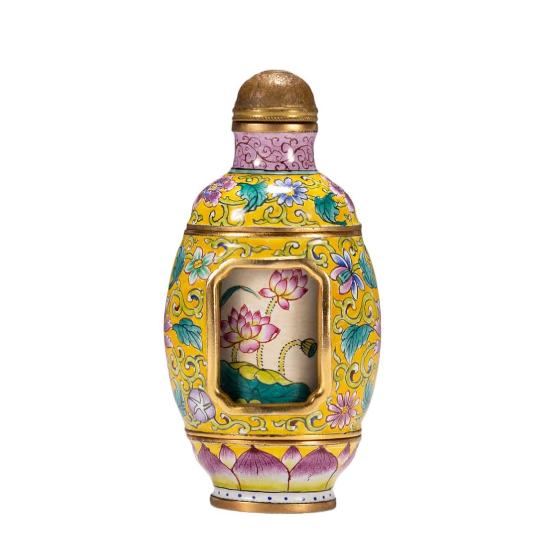 A Qing Dynasty copper gilt painted enamel snuff bottle: Qing Dynasty copper gilt painted enamel snuff bottle SIZE: L:4cm W:4cm H:7.5cm W:130g (The Dimensions Of All Batches Are Manually Measured.If You Need More Detailed Information, Please Contact Our Cus