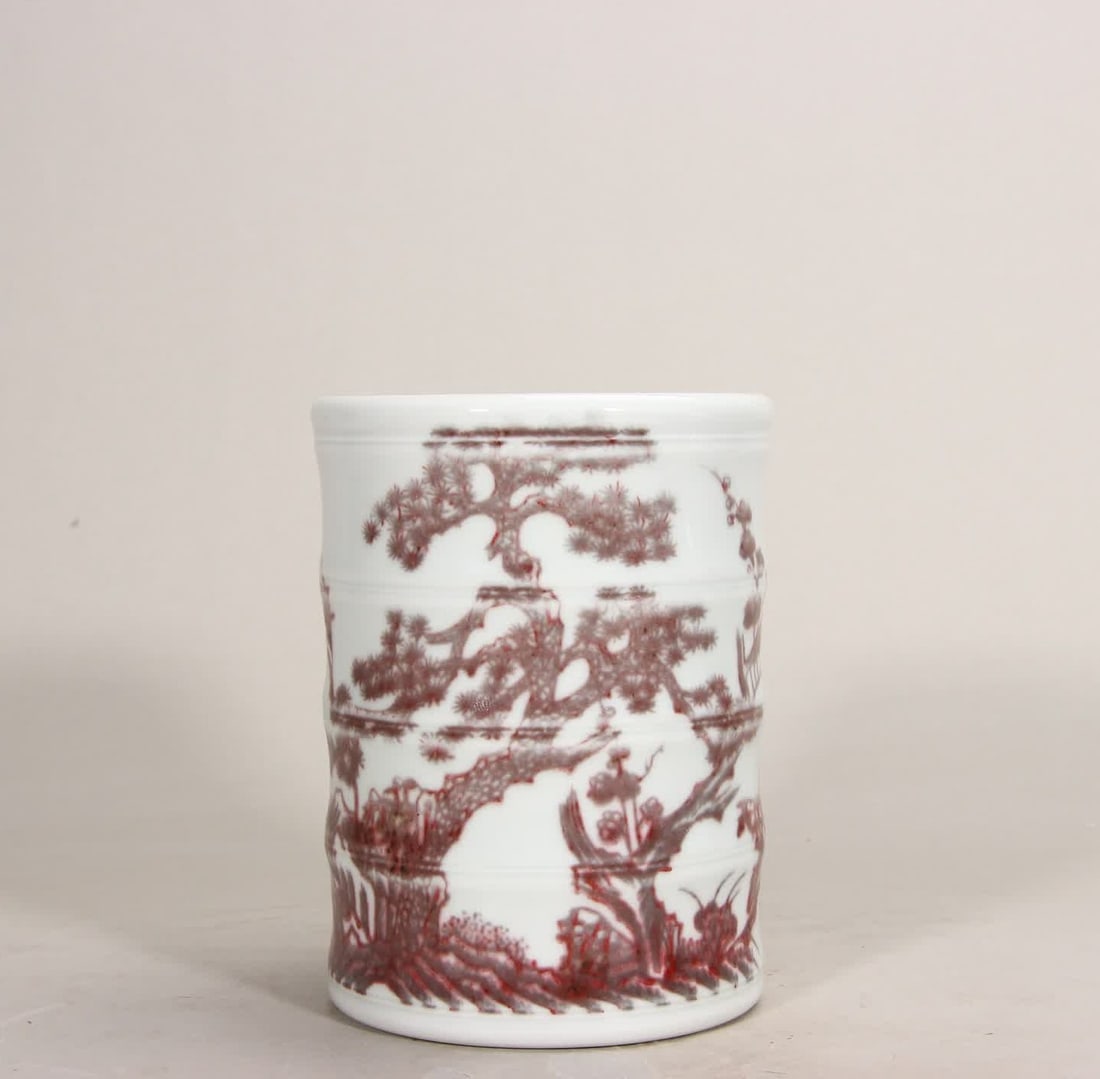 A Qing Dynasty Jiaqing glazed red pine bamboo plum pattern pen holder: Qing Dynasty Jiaqing glazed red pine bamboo plum pattern pen holder SIZE: H:14.2cm MouthD:10.9cm (The Dimensions Of All Batches Are Manually Measured.If You Need More Detailed Information, Please Cont
