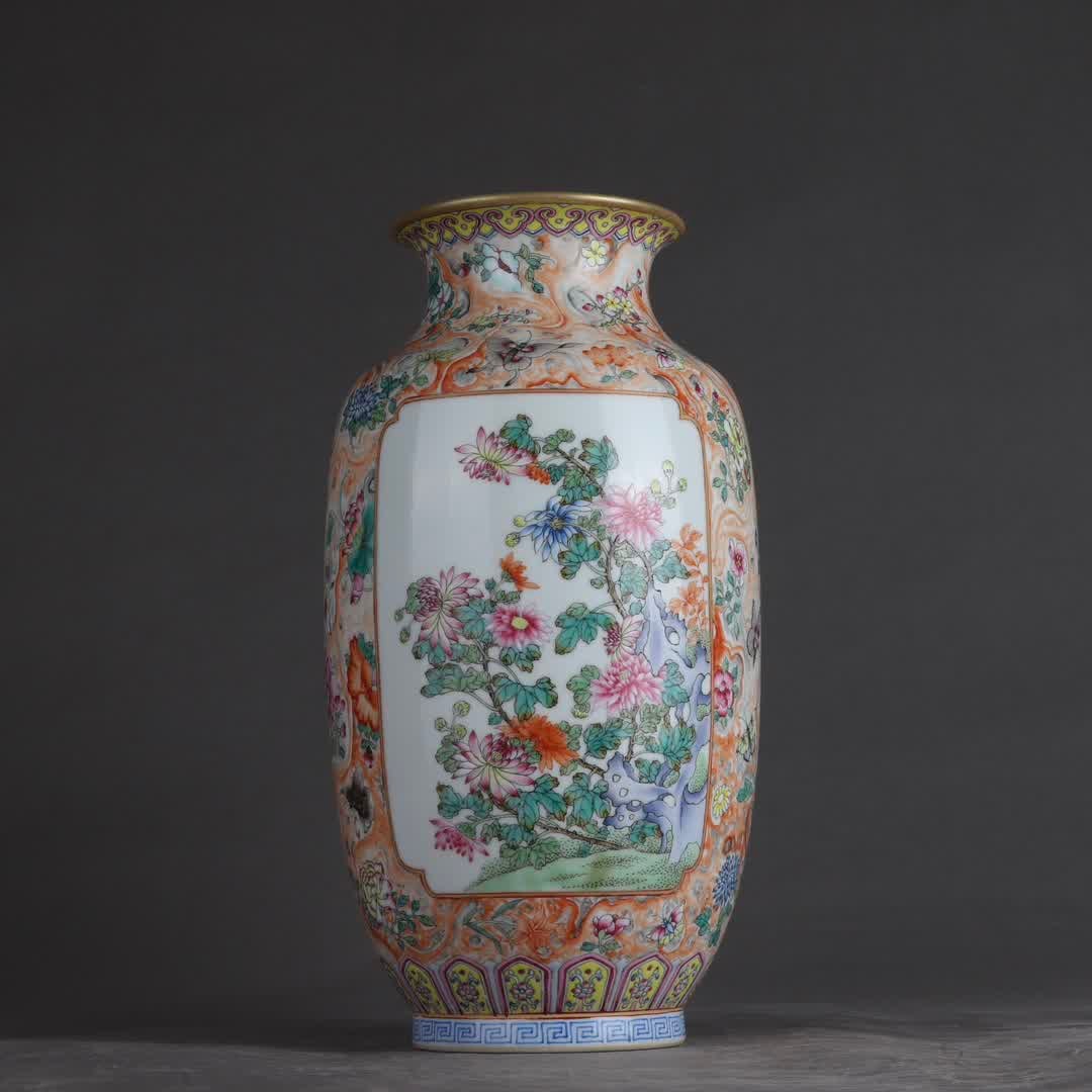 A Qing Qianlong stone pattern pastel plate love flower flower vase (1 of 9)