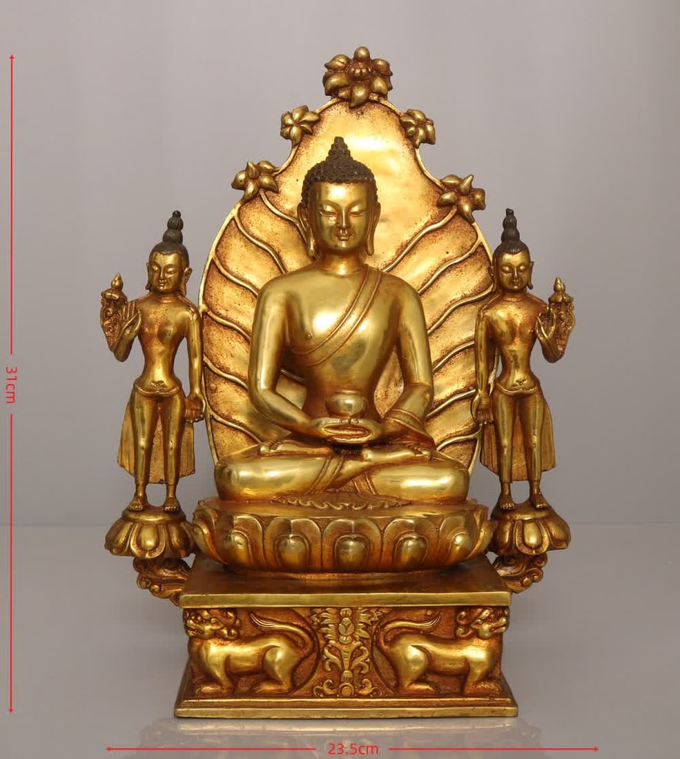A Qing Dynasty copper-gilt Shakyamuni ornament: Qing Dynasty copper gilt Shakyamuni ornament SIZE: H: 31x Bottom W: 23.5cm W: 4.7kg (The Dimensions Of All Batches Are Manually Measured.If You Need More Detailed Information, Please Contact Our Custo