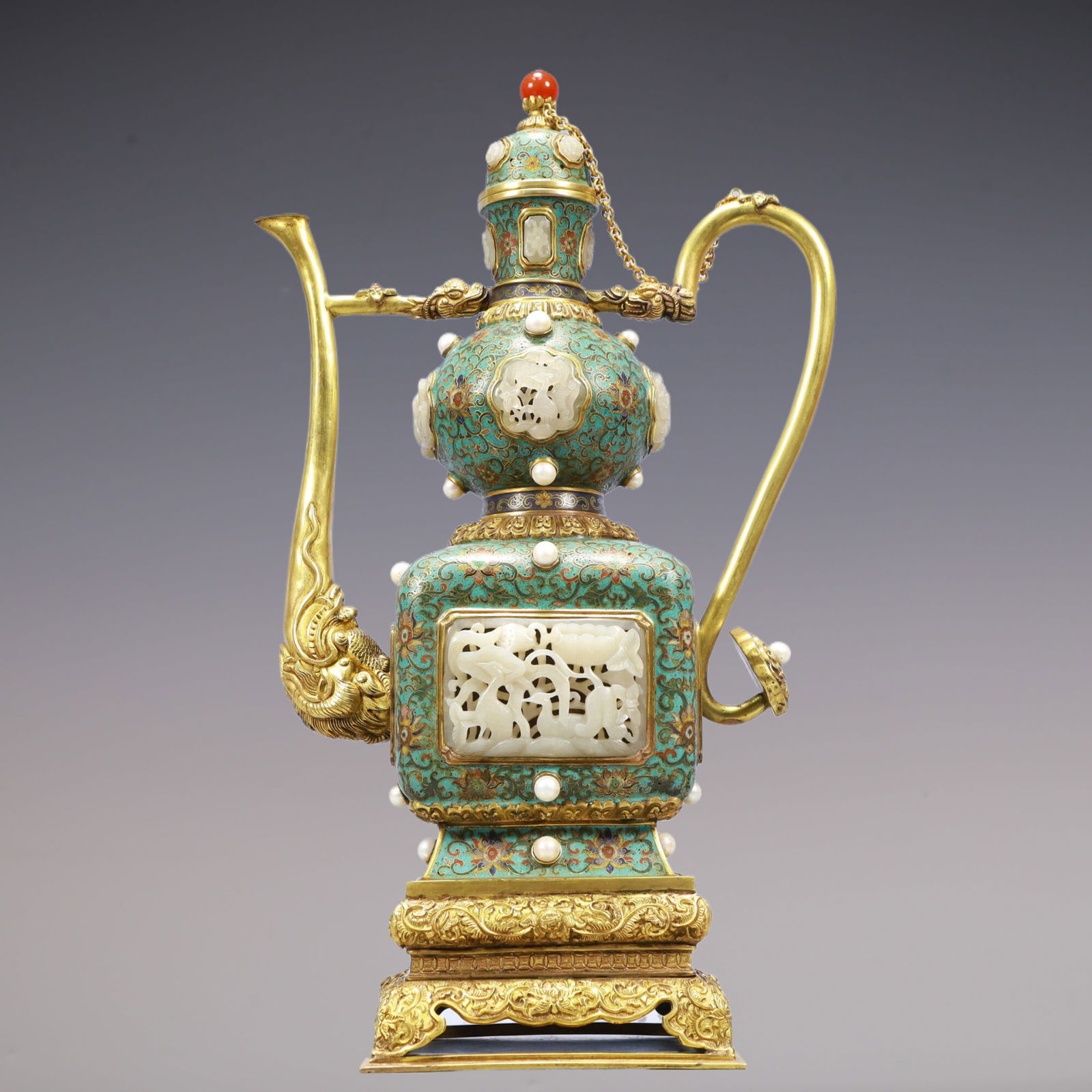 A Exquisite Cloisonne Inlaid White Jade Lotus Pattern Ewer (1 of 12)