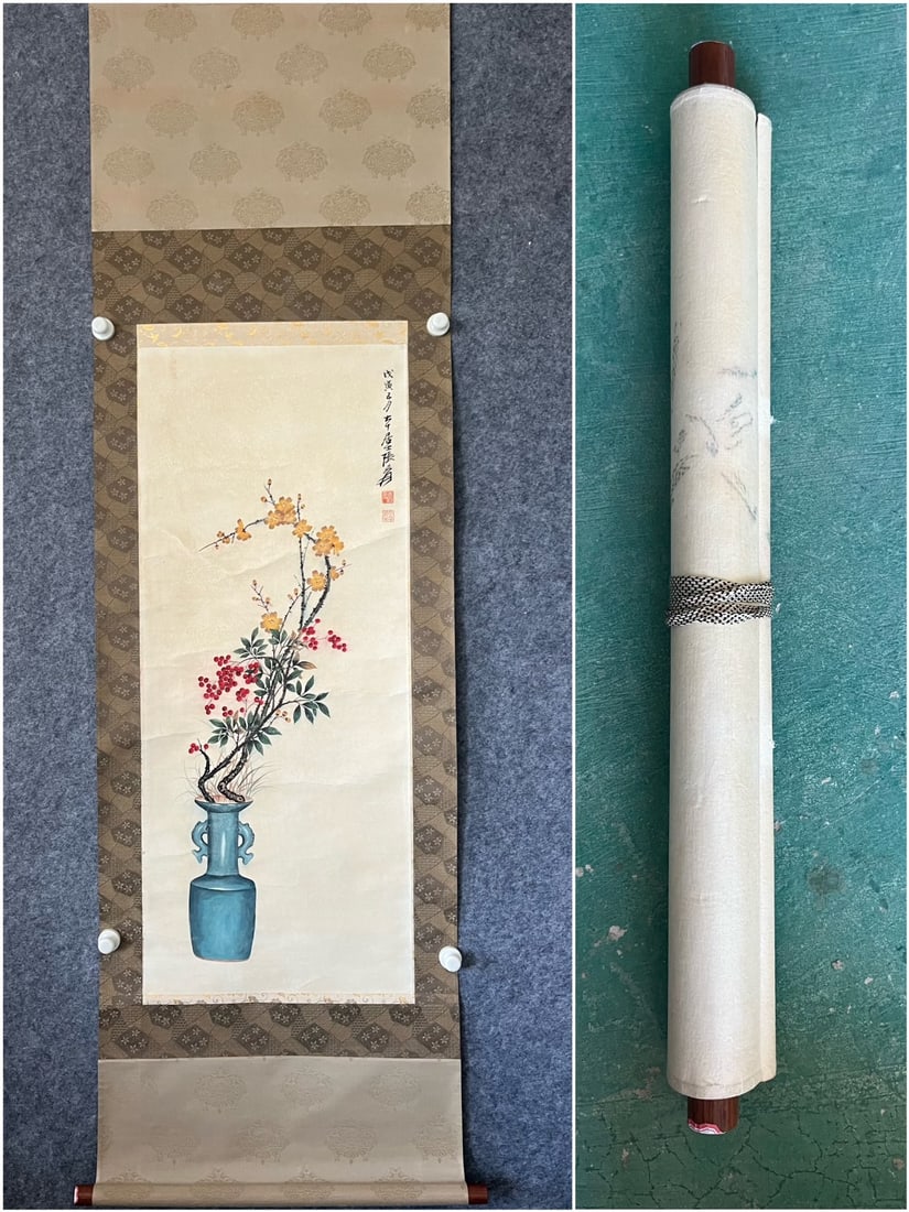 A Chinese Vertical Scroll Ink Painting of Flower on Paper (1 of 9)