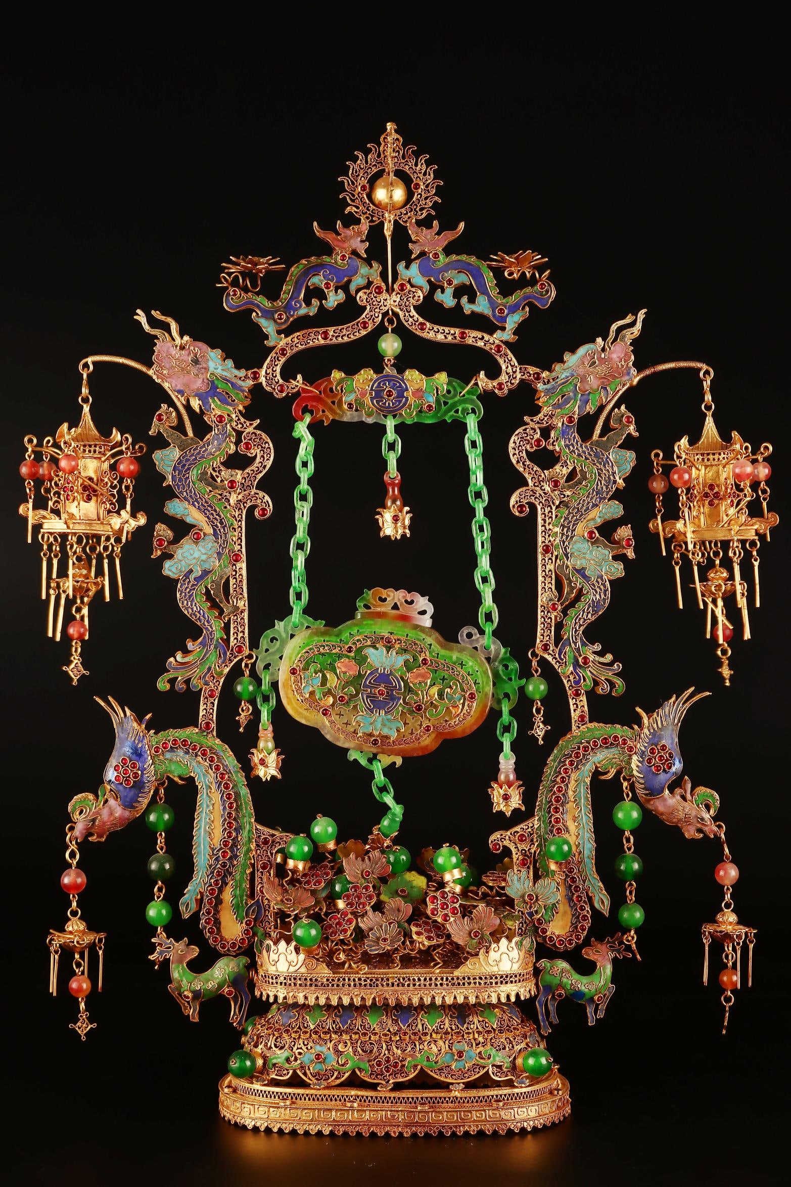 An Exquisite Gilt Bronze Inlaid Jadeite Bats and Peach Pattern Flower and Bird Pattern Dragon and (1 of 9)