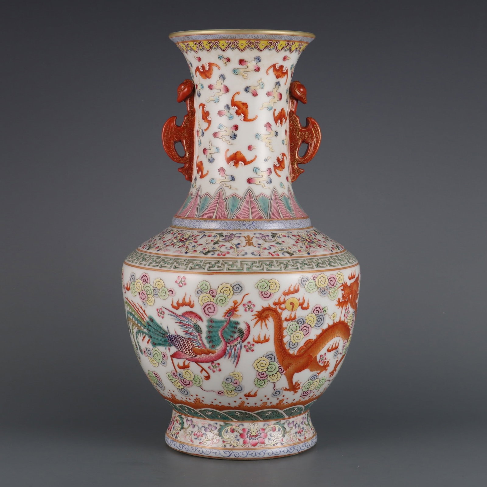 An Exquisite Famille-Rose Lotus Pattern Dragon and Phoenix Pattern Seawater Pattern Double-Ears Vase (1 of 9)