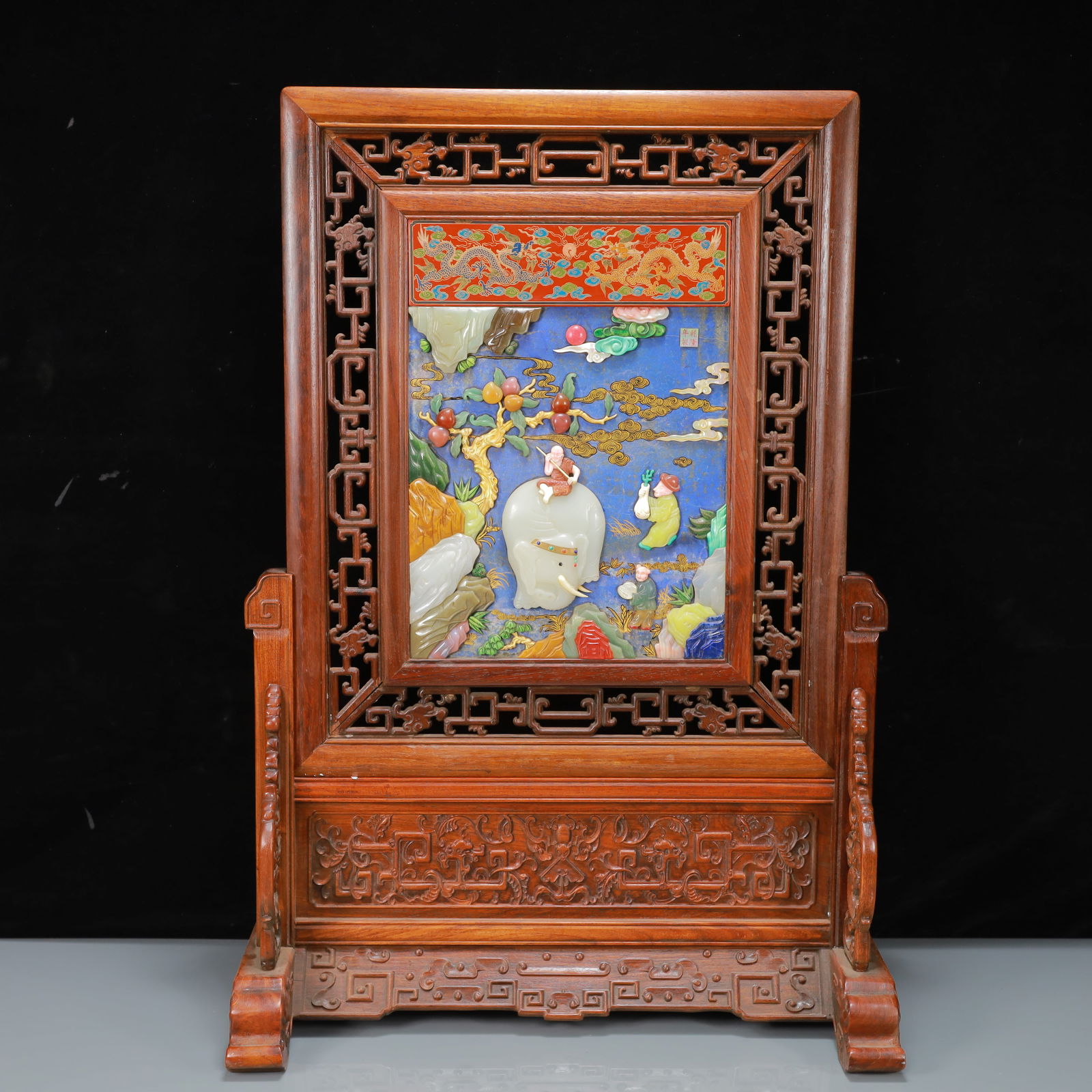 A Exquisite Boxwood Inlaid Gems Dragon Pattern Landscape and Figure Pattern Screen Ornament (1 of 14)