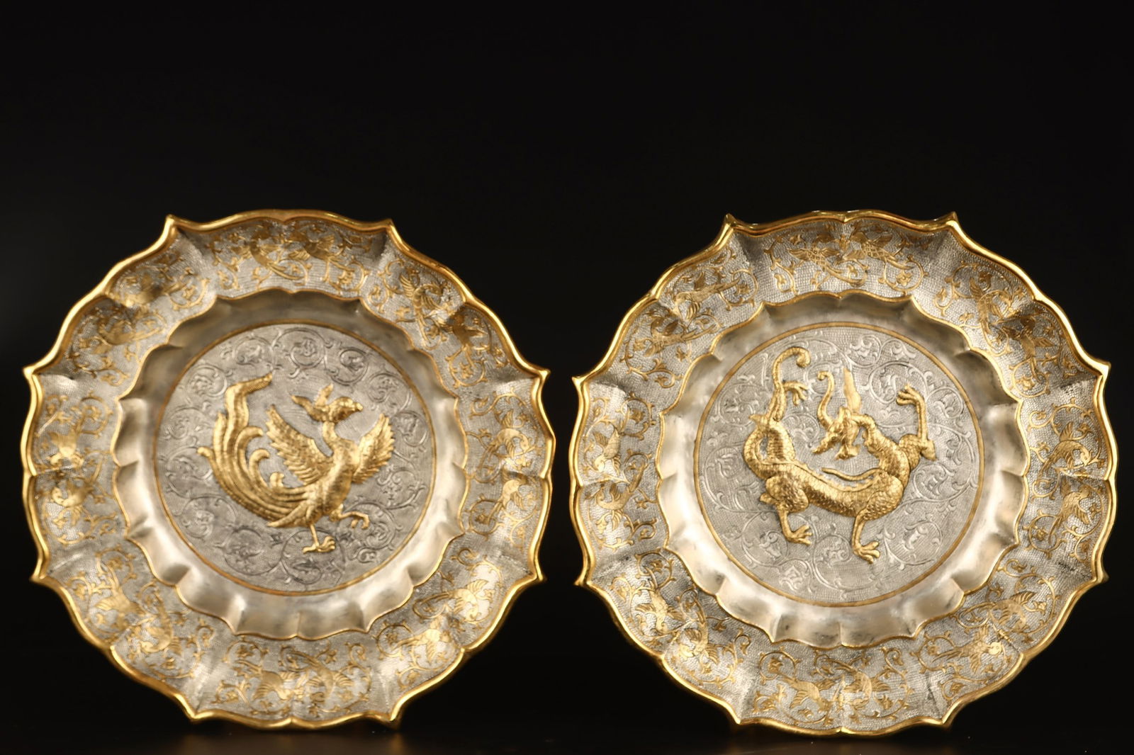An Exquisite Gilt Bronze Dragon and Phoenix Pattern Lotus Pattern Plate (1 of 9)