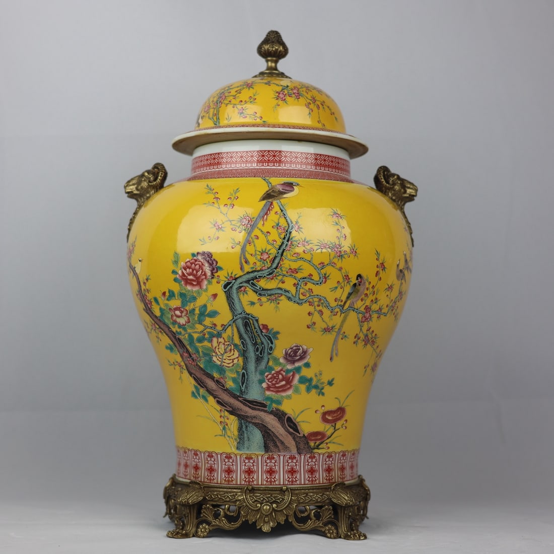 An Exquisite Famille-Rose Yellow Glazed Inlaid Bronze Flower and Bird Pattern Double-Ears Jar (1 of 8)
