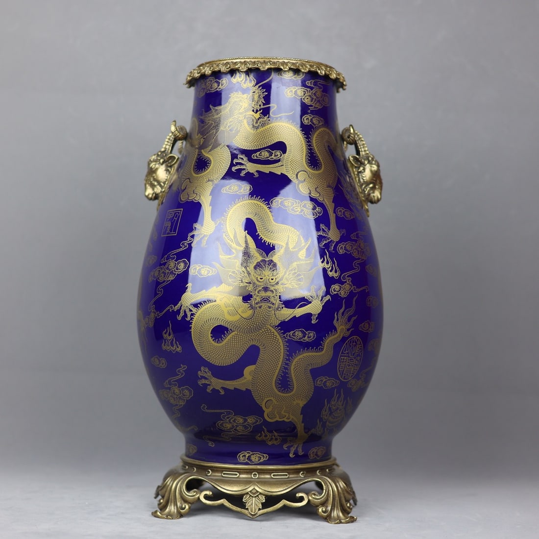 An Exquisite Ji Blue Glazed Inlaid Bronze Painted Gold Dragon Pattern Double-Ears Vase: An Exquisite Ji Blue Glazed Inlaid Bronze Painted Gold Dragon Pattern Double-Ears Vase Qing Dynasty, China Qianlong Six-character Mark Size:45cmx23cm (The Dimensions Of All Batches Are Manually Measur