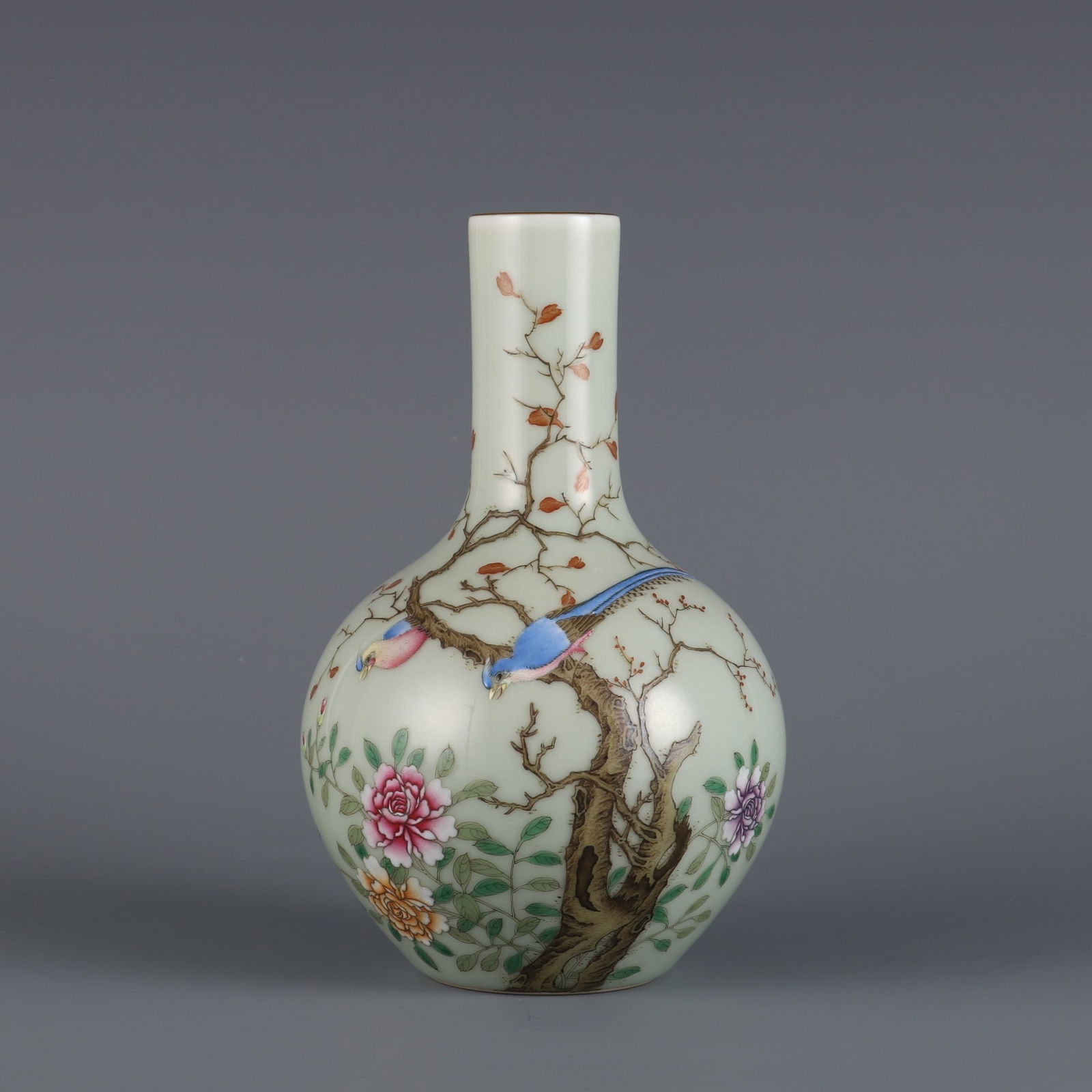An Exquisite Famille-Rose Celadon Glazed Flower and Bird Pattern with poem Vase (1 of 9)