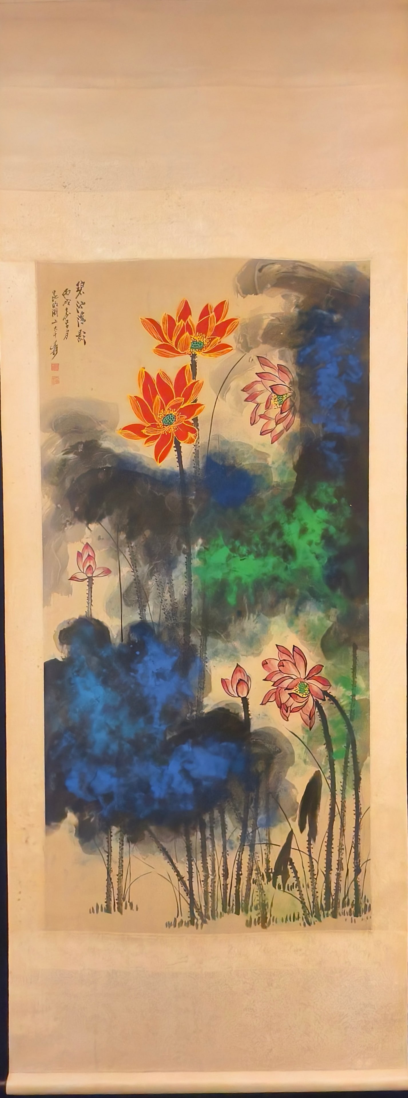 A Chinese Vertical Scroll Ink Painting of Flower on Paper (1 of 4)