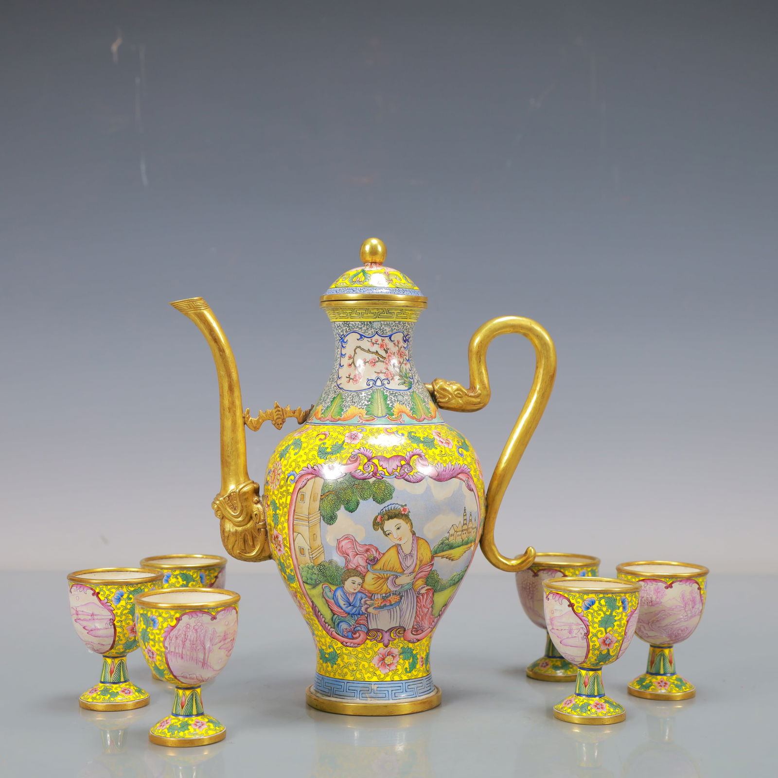 A Exquisite A Set of Coppery Enamel Lotus Pattern Flower Pattern Character and Story Pattern Ewer: A Exquisite A Set of Coppery Enamel Lotus Pattern Flower Pattern Character and Story Pattern Ewer Cup Qing Dynasty, China Qianlong Four-character Mark Teapot Size:18cmx9.5cmx20cm Weight:600g Cup Size: