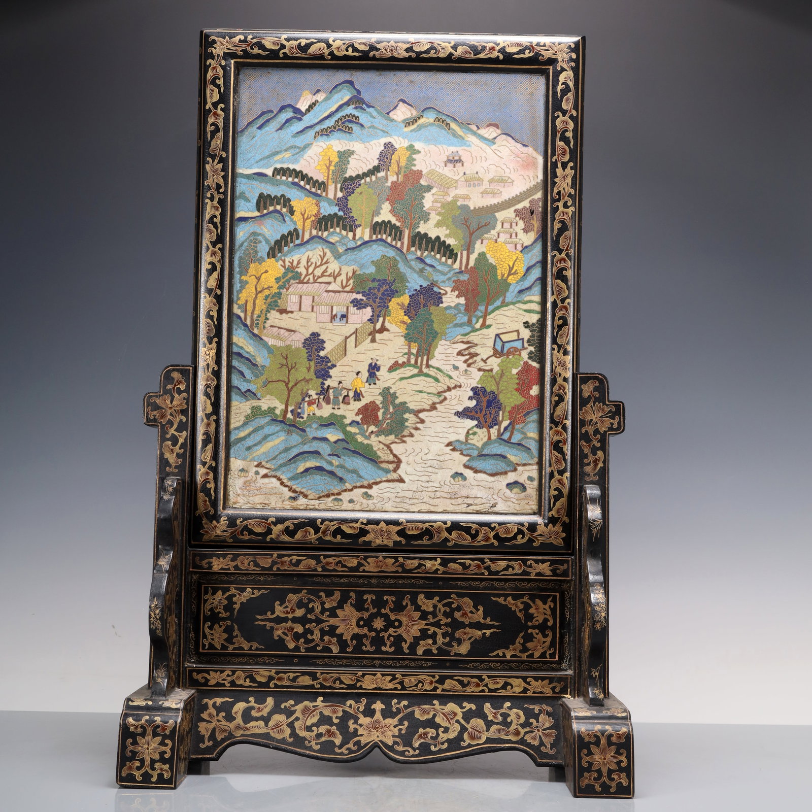 A Exquisite Carved Red Lacquer Inlaid Cloisonne Landscape and Figure Pattern Screen (1 of 11)