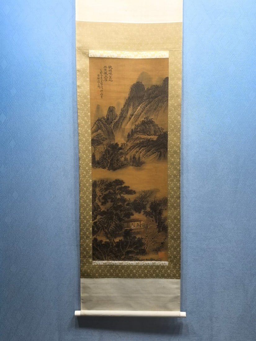 A Chinese Vertical Scroll Ink Painting of Landscape on Silk: A Chinese Vertical Scroll Ink Painting of Landscape on Silk Shi tao Without frame Size:41cmx107.5cm (The Dimensions Of All Batches Are Manually Measured.If You Need More Detailed Information, Please C