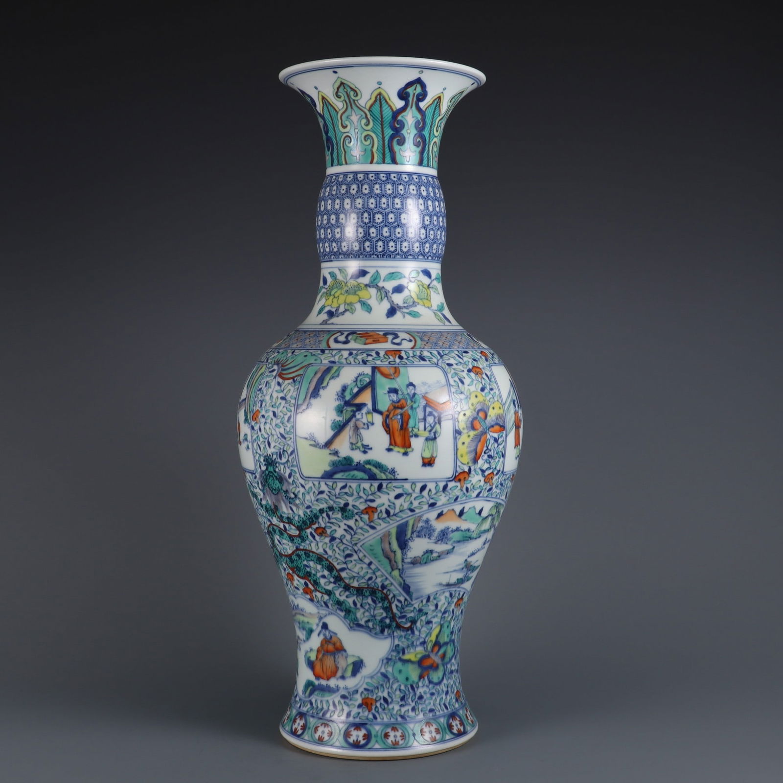An Exquisite Doucai Flower and Fruit Pattern Dragon Pattern Character and Story Pattern Vase: An Exquisite Doucai Flower and Fruit Pattern Dragon Pattern Character and Story Pattern Vase Qing Dynasty, China Kangxi Six-character Mark Size:51.5cm (The Dimensions Of All Batches Are Manually Measu