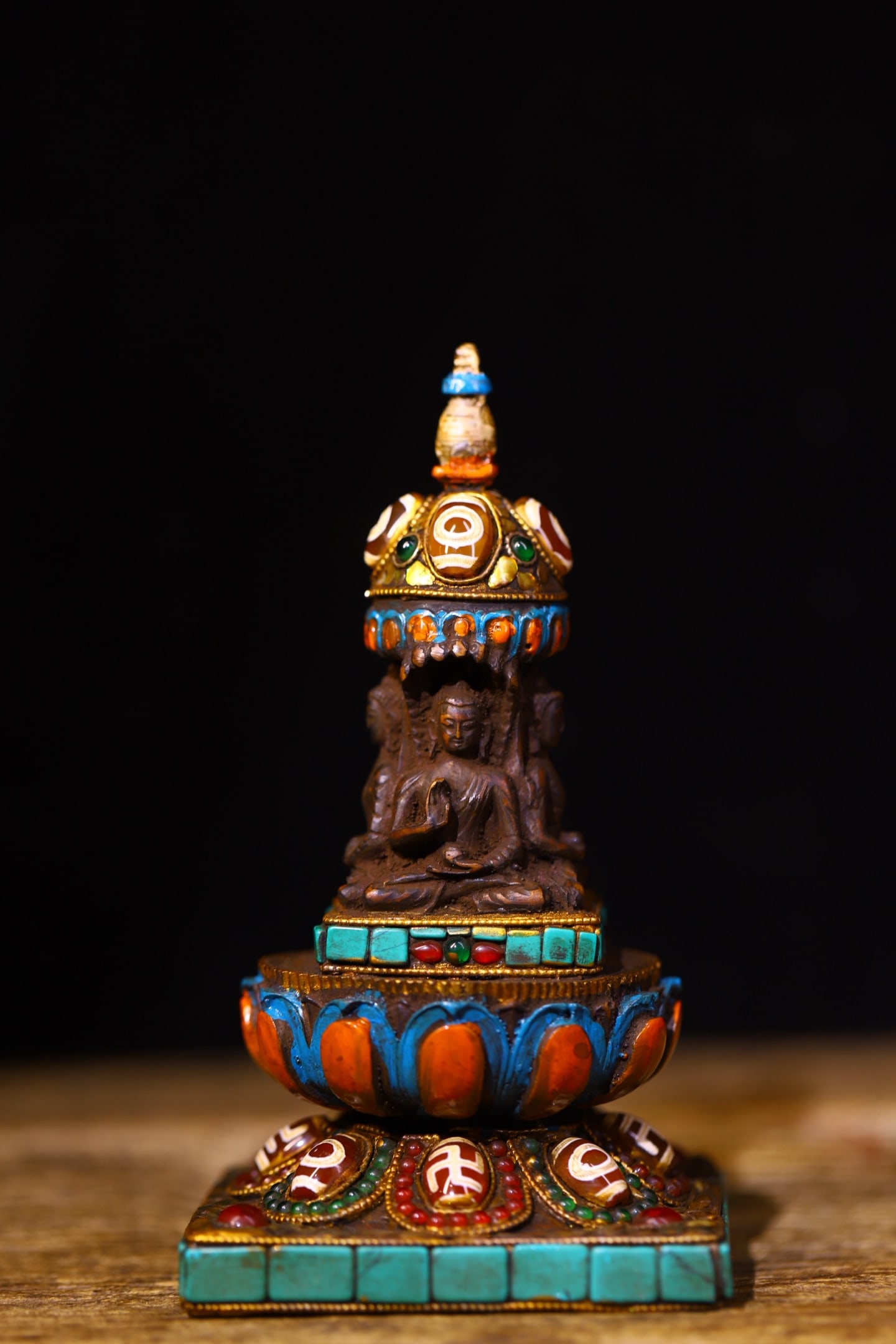 An Exquisite Yak bone Painted Color Inlaid Gems Pagoda (1 of 9)