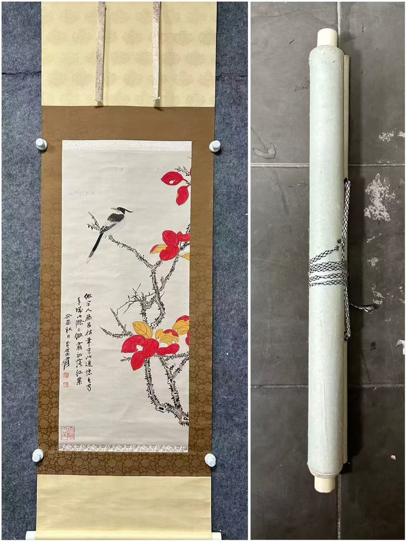 A Chinese Vertical Scroll Ink Painting of Flower and Bird on Paper (1 of 8)