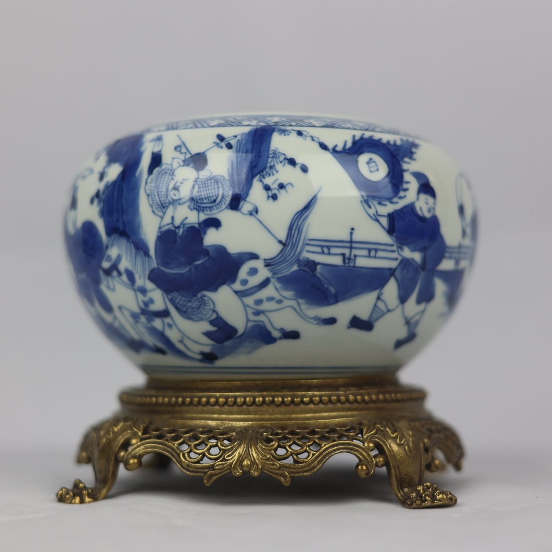 An Exquisite Blue and White Inlaid Bronze Character and Story Pattern Brush Washer (1 of 9)