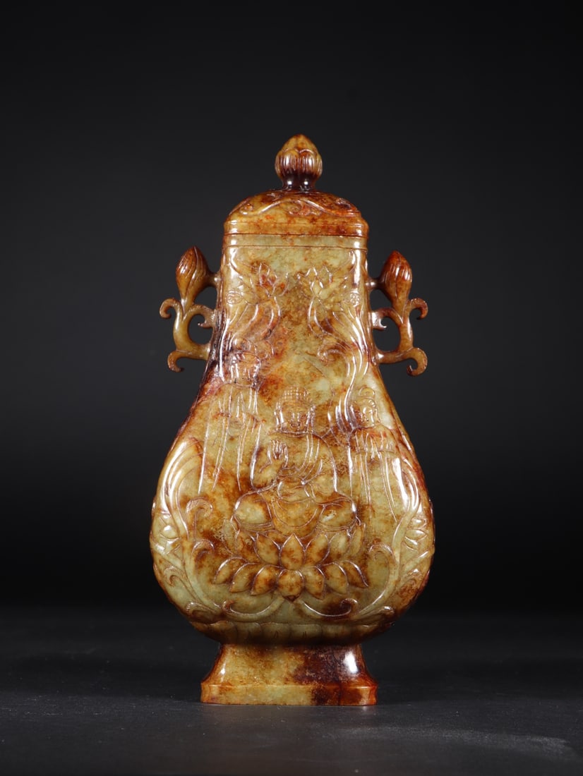 An Exquisite White Jade Buddha Statue Pattern Double-Ears Vase (1 of 9)