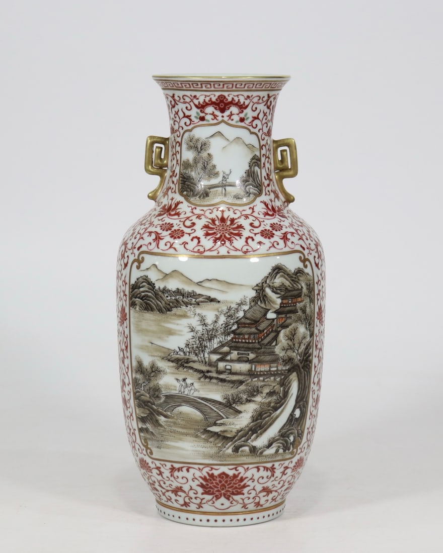 An Exquisite Ink Color Ruby Red-Glazed Lotus Pattern Landscape and Figure Pattern Bats and Peach (1 of 9)