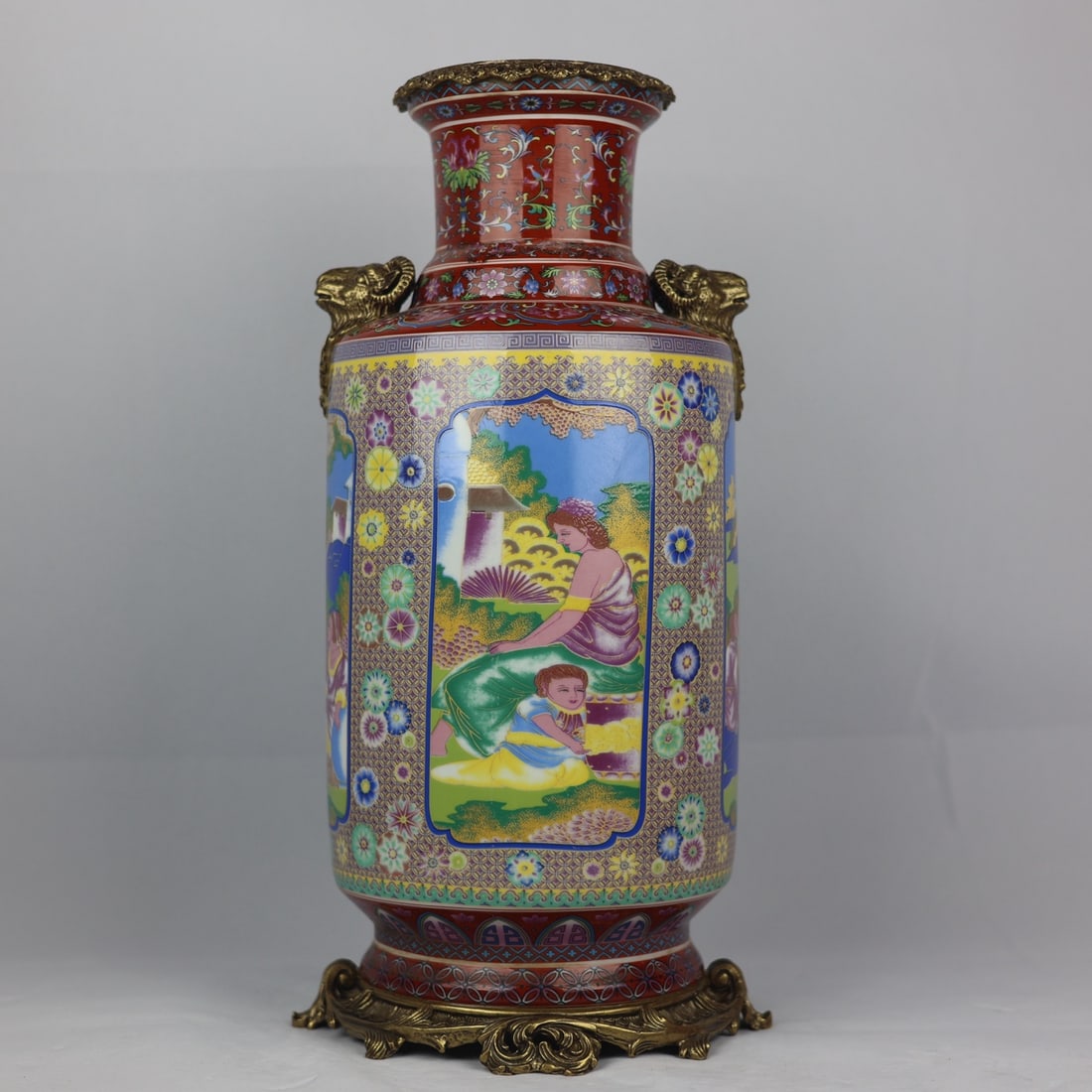 An Exquisite Famille-Rose Inlaid Bronze Character and Story Pattern Lotus Pattern Double-Ears Vase (1 of 9)
