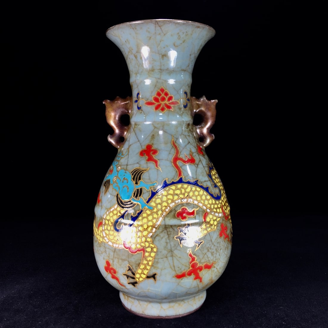 An Exquisite Guan yao Painted Color Dragon and Phoenix Pattern Double-Ears Vase (1 of 9)