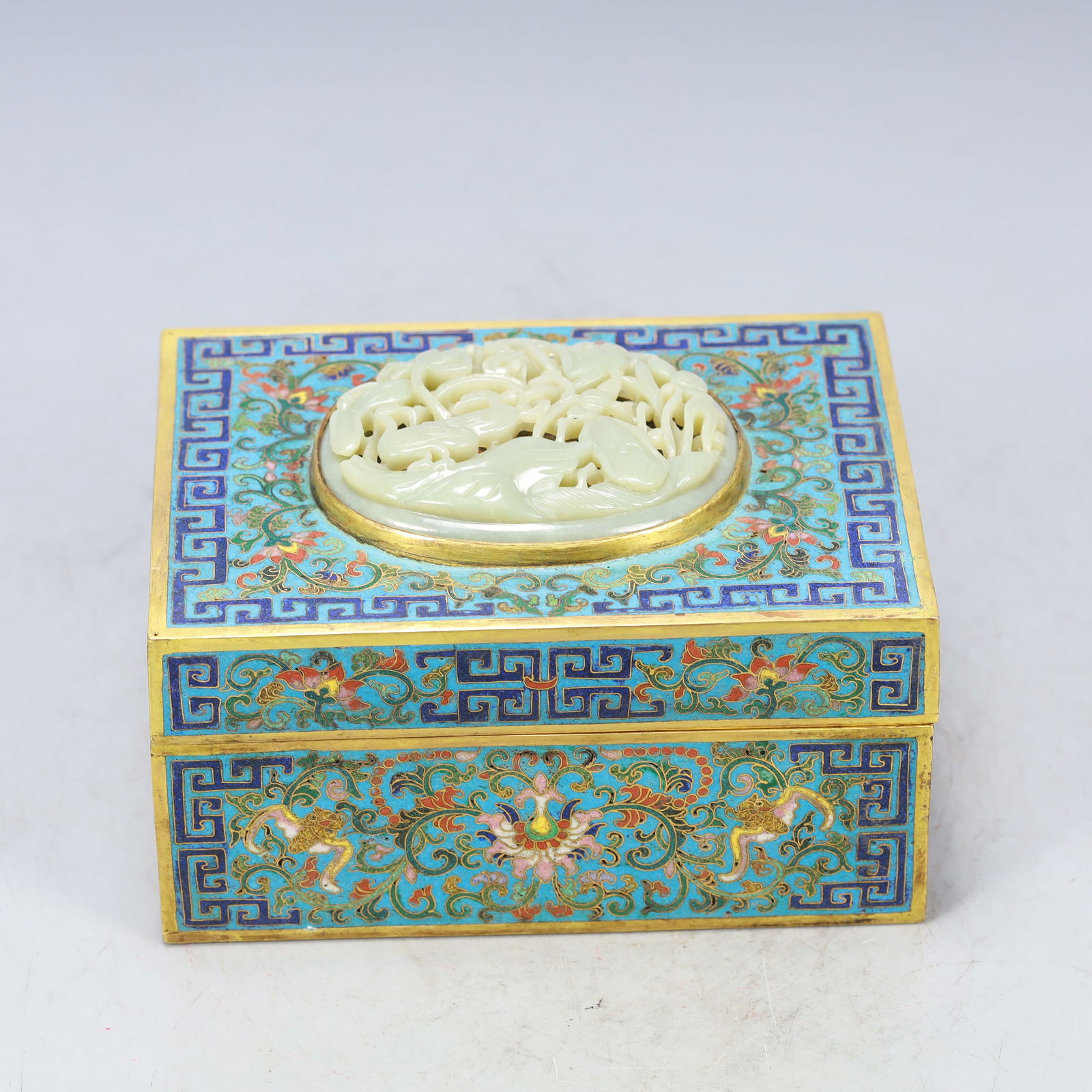 A Exquisite Cloisonne Inlaid White Jade Lotus Pattern Flower and Bird Pattern Box (1 of 7)