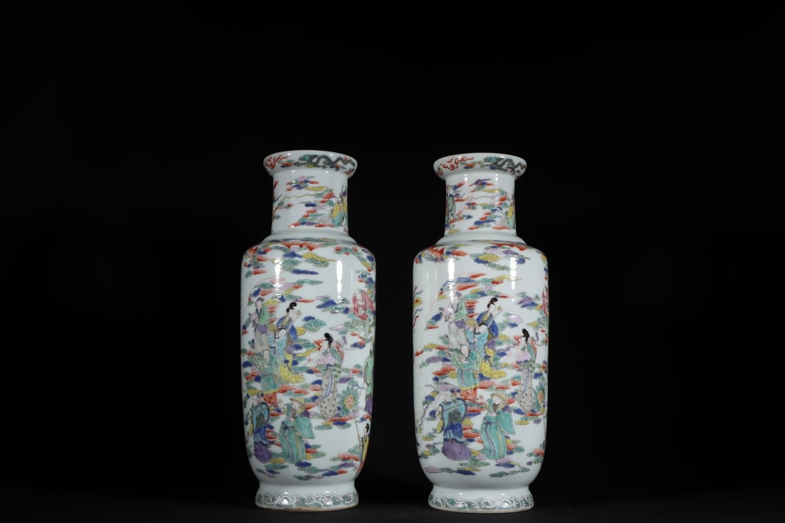 A Pair of Exquisite Famille-Rose Character and Story Pattern Seawater Pattern Vase (1 of 16)