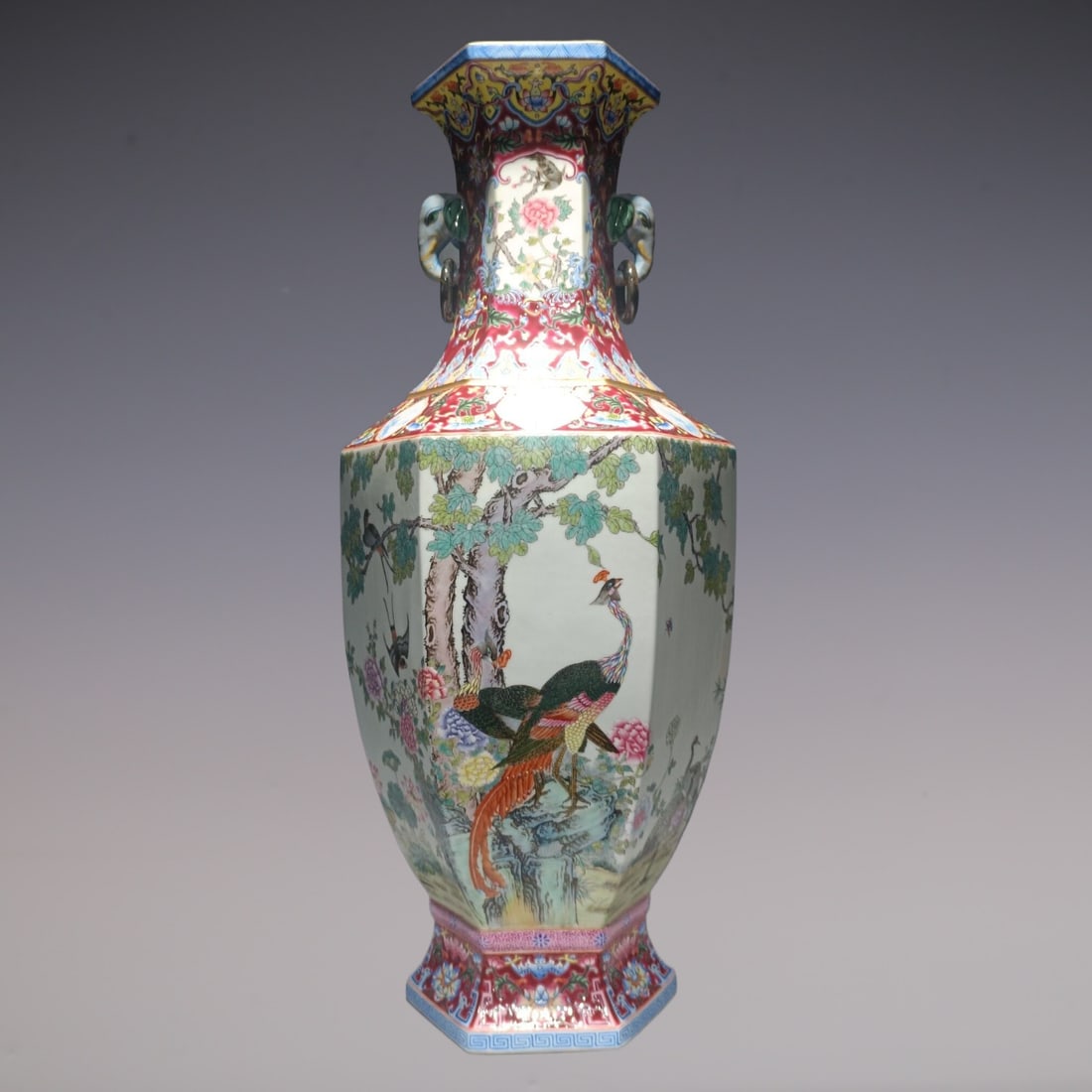 An Exquisite Enamel Ruby Red-Glazed Lotus Pattern Flower and Bird Pattern Double-Ears Vase (1 of 9)